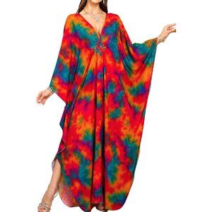 Women's Red Tie Dye V Neck Batwing Sleeves Summer Beach Cover Up Kaftan Dress